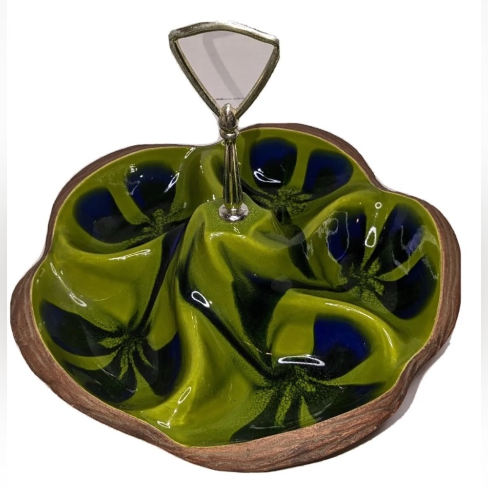 California Pottery Vintage Divided Tray With Handle Retro Green Blue MCM boho